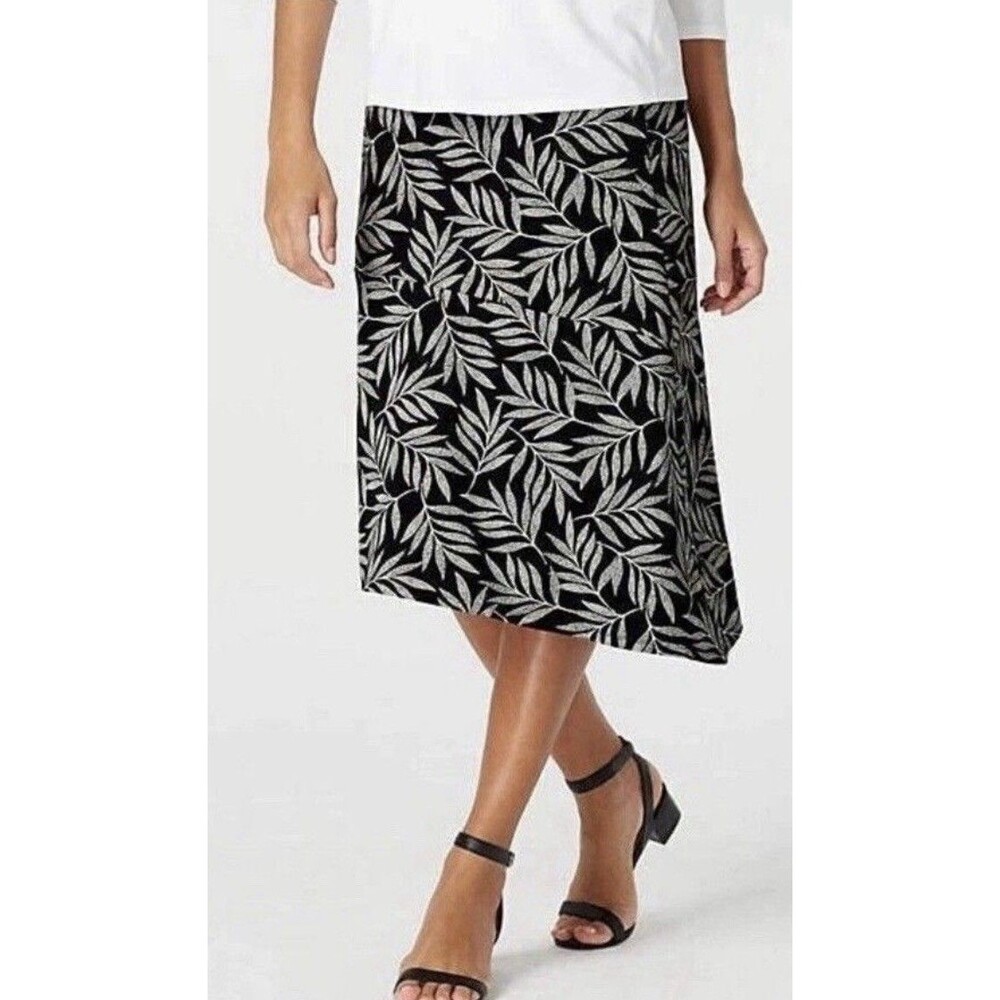 J.JILL Wearever Collection Asymmetric Skirt Black Leaf Print Stretch Sz Large